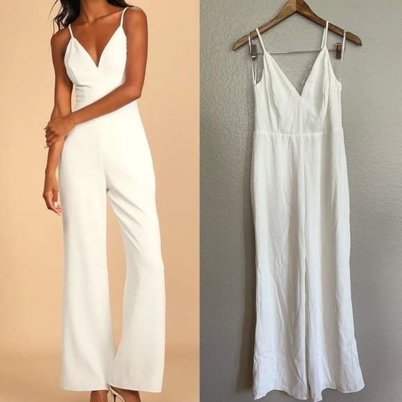 Lulus Pants - Follow My Heart Ivory Lace Sleeveless Wide-Leg Jumpsuit